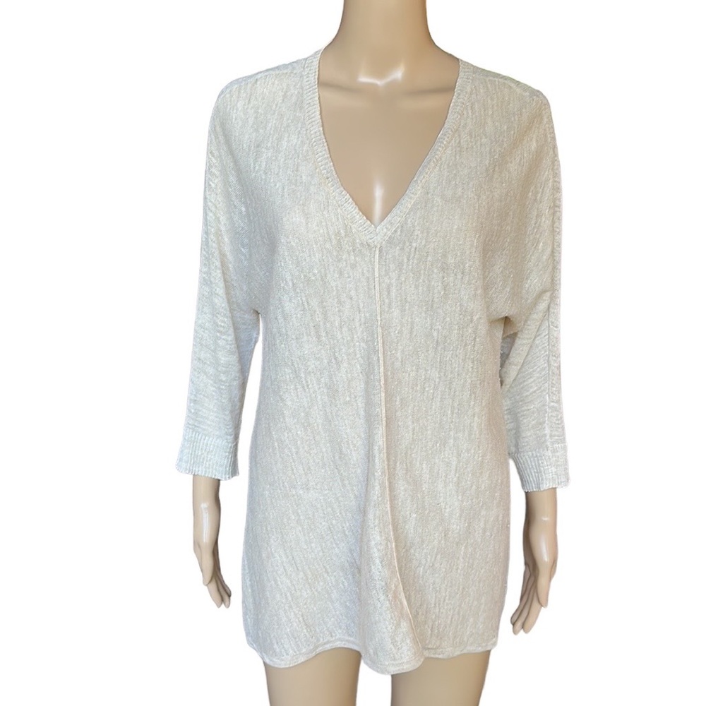 Eileen Fisher Oatmeal / Natural Semi-sheer Linen V-Neck Sweater M